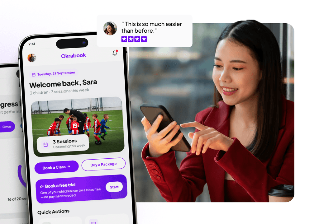 The Okrabook parent app showing live class availability and a completed booking.